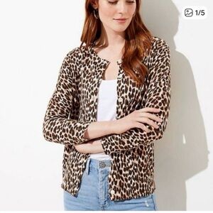 LOFT Cardigan Button Down 100% Cotton 3/4 Sleeves Animal Print Brown Medium